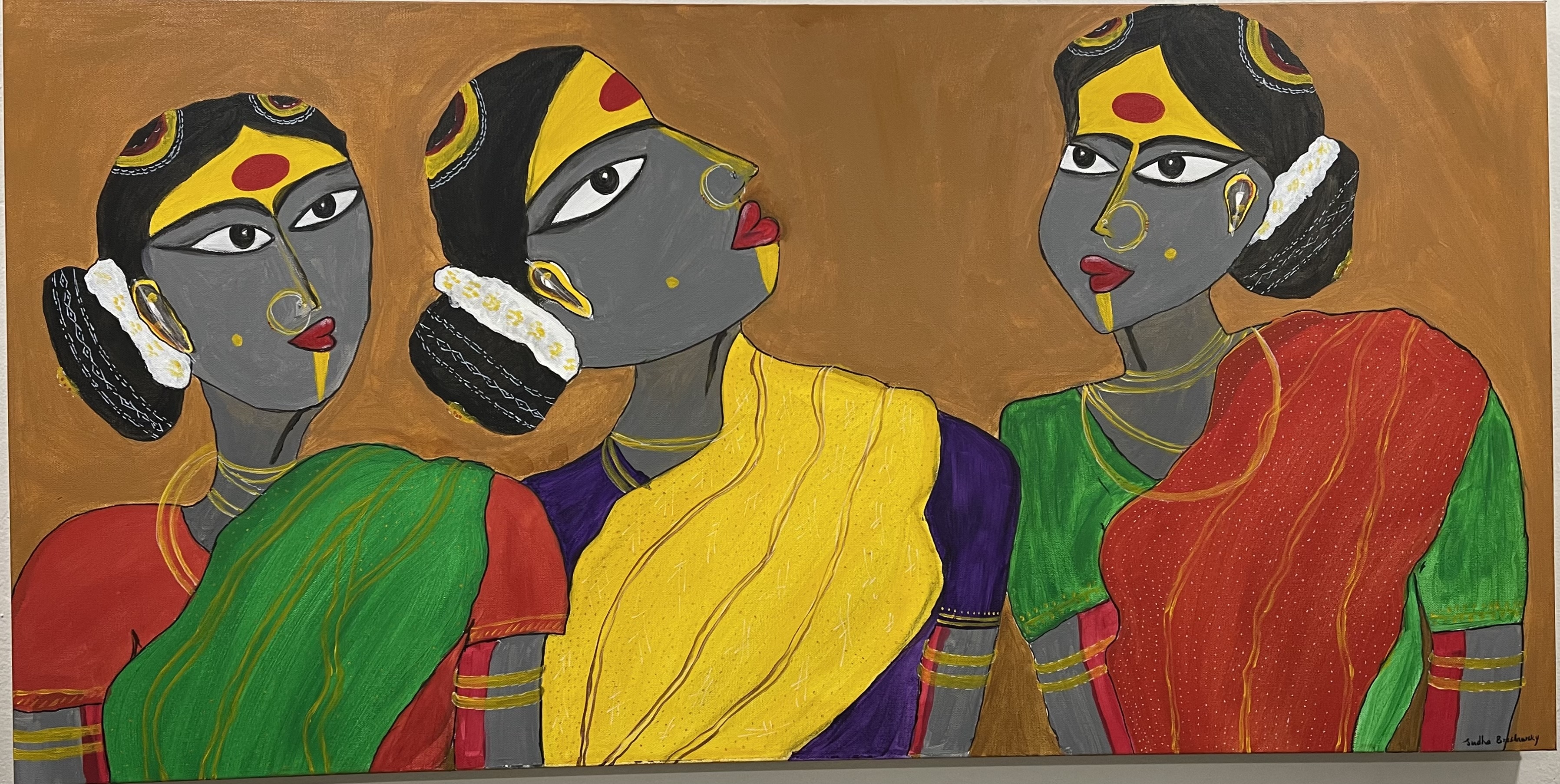 Telangana folk-art painting of three women in saris