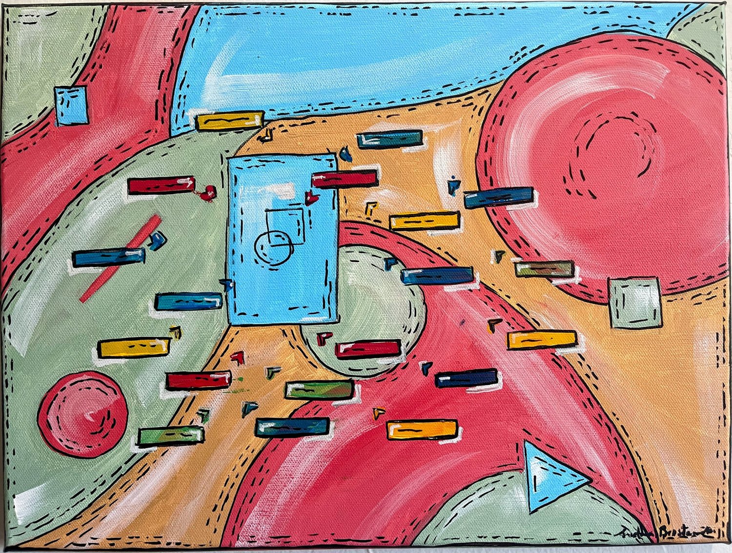 An original painting by Sudha Broslawsky on collaboration overload in modern design